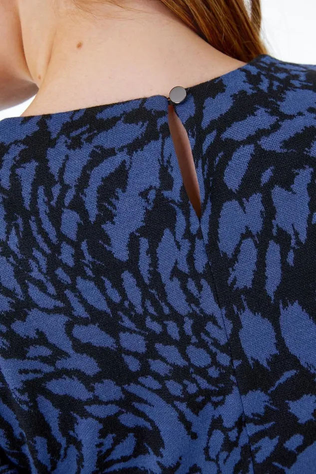 Midnight Blue Animal Print Jacquard Dress Women Roman Dresses
