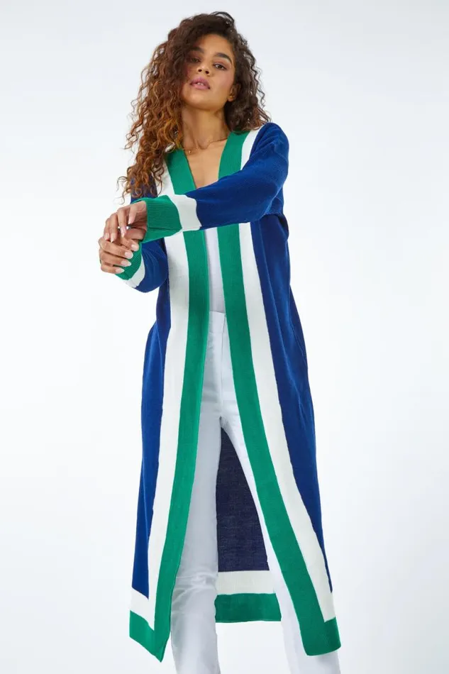 Midnight Blue Longline Colourblock Stripe Coatigan Women Roman Knitwear