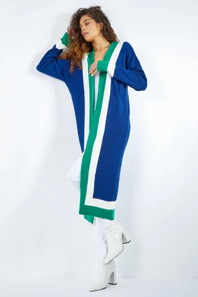 Midnight Blue Longline Colourblock Stripe Coatigan Women Roman Knitwear