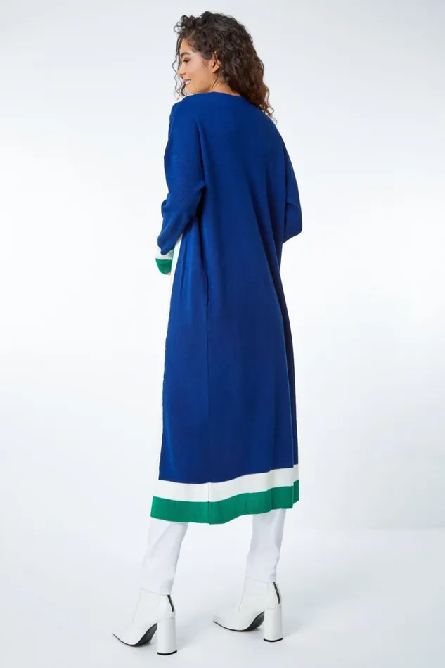 Midnight Blue Longline Colourblock Stripe Coatigan Women Roman Knitwear