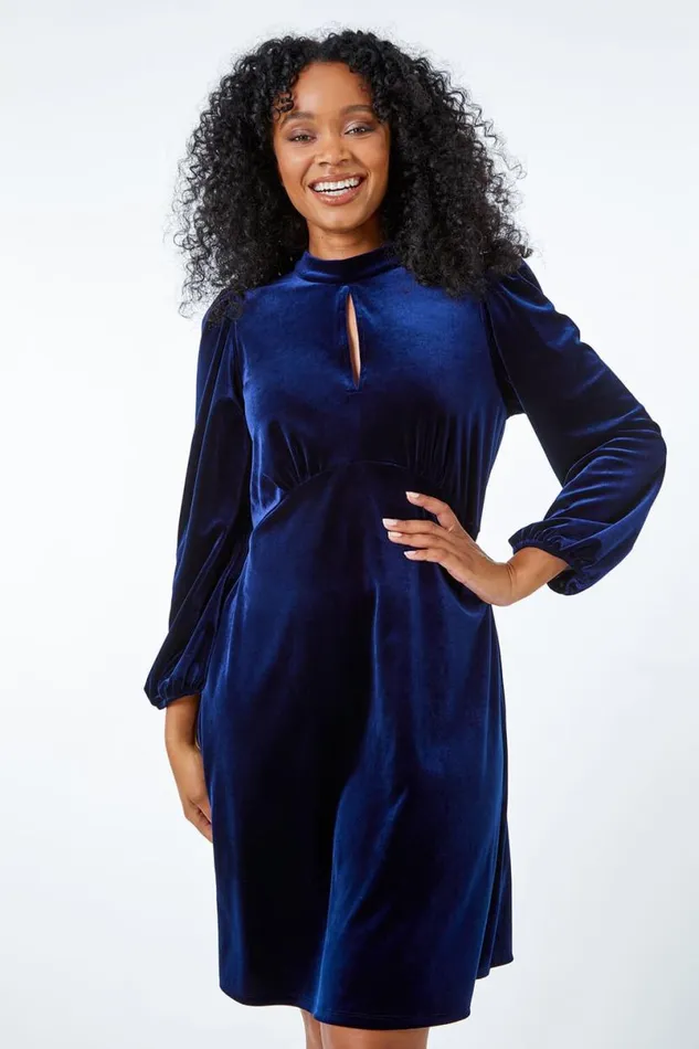 Midnight Blue Petite Keyhole Stretch Velvet Dress Women Roman Dresses