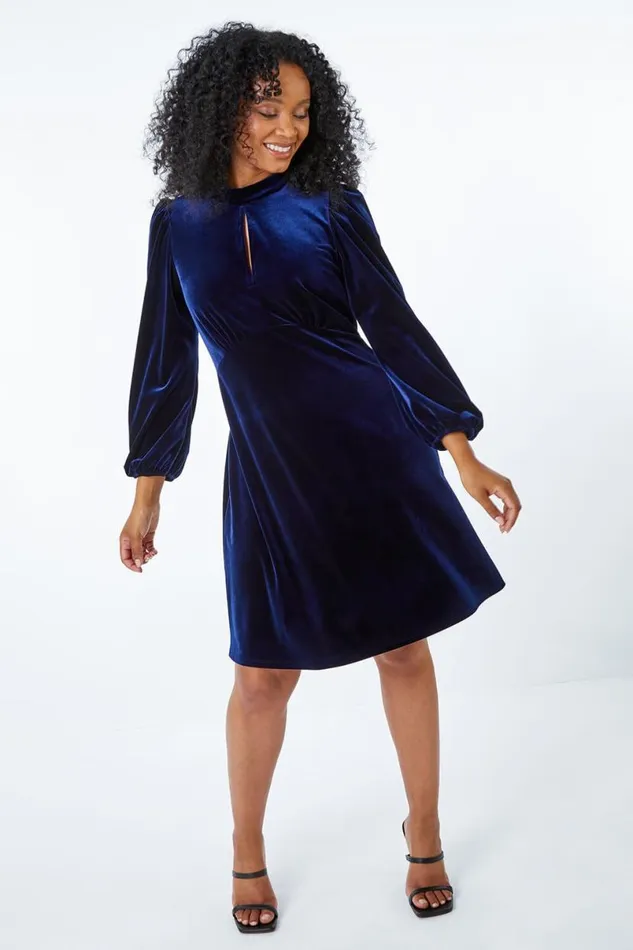 Midnight Blue Petite Keyhole Stretch Velvet Dress Women Roman Dresses