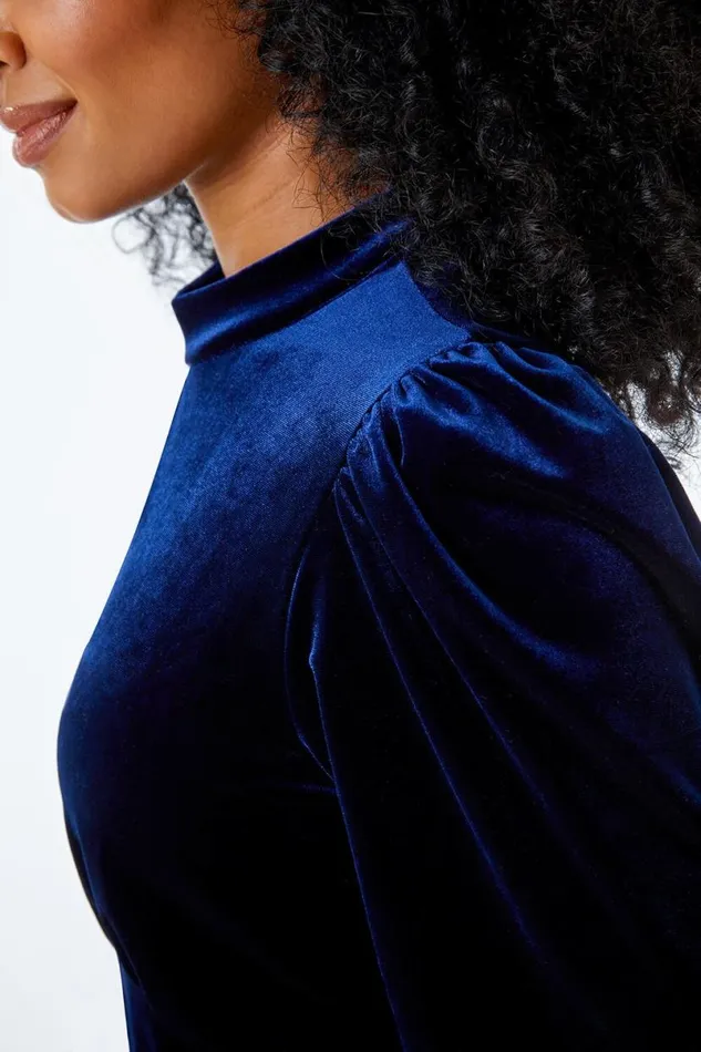 Midnight Blue Petite Keyhole Stretch Velvet Dress Women Roman Dresses