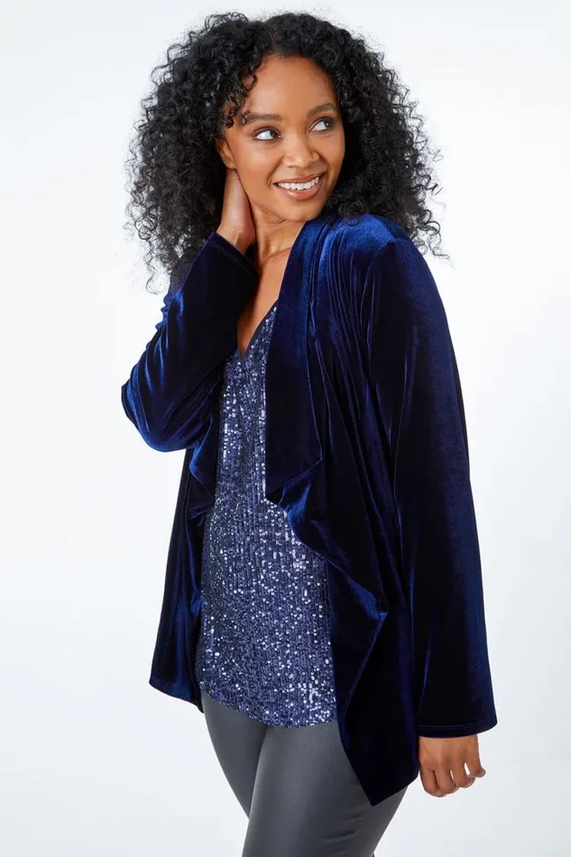 Midnight Blue Petite Velvet Waterfall Jacket Women Roman Occasionwear