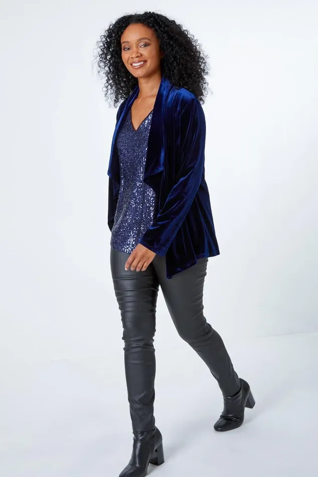 Midnight Blue Petite Velvet Waterfall Jacket Women Roman Occasionwear