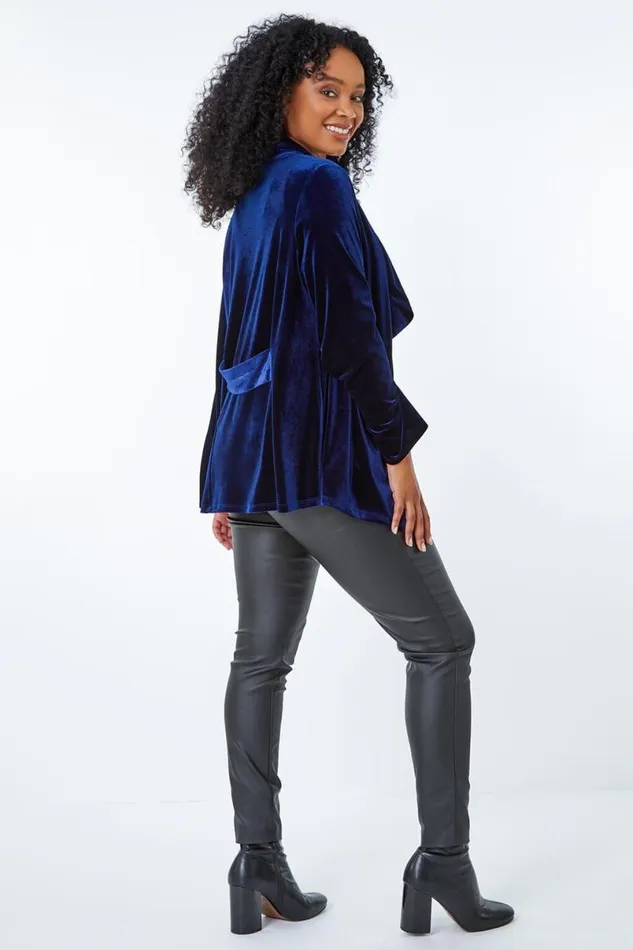 Midnight Blue Petite Velvet Waterfall Jacket Women Roman Occasionwear