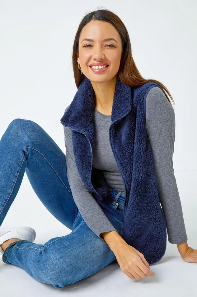 Midnight Blue Soft Sherpa Fleece Gilet Women Roman Jackets