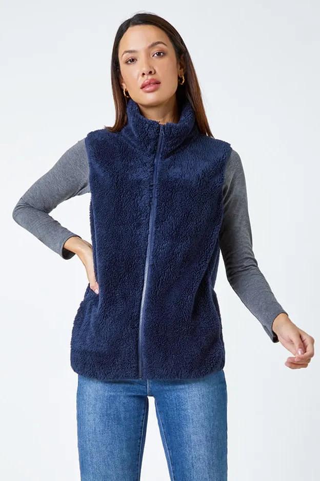 Midnight Blue Soft Sherpa Fleece Gilet Women Roman Jackets