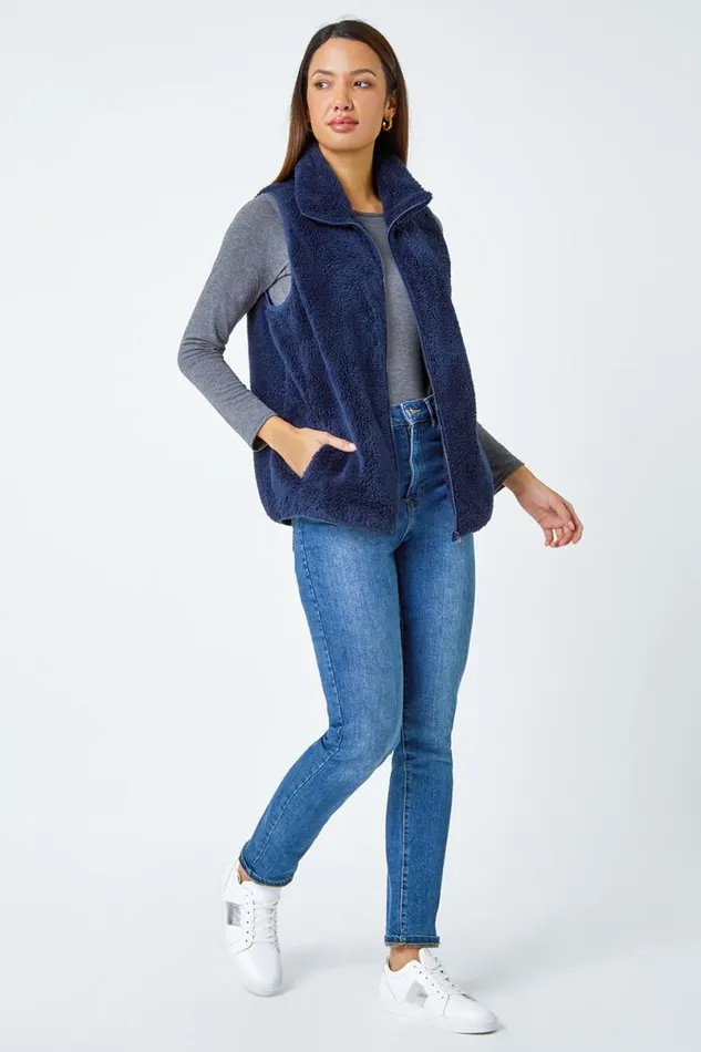 Midnight Blue Soft Sherpa Fleece Gilet Women Roman Jackets