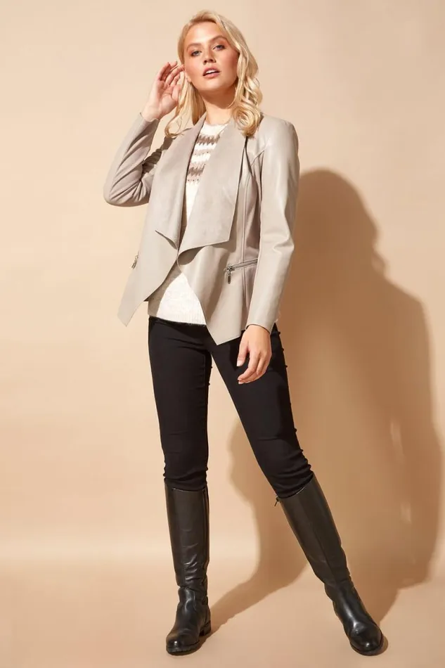 Mink Faux Leather Suedette Waterfall Jacket Women Roman Jackets