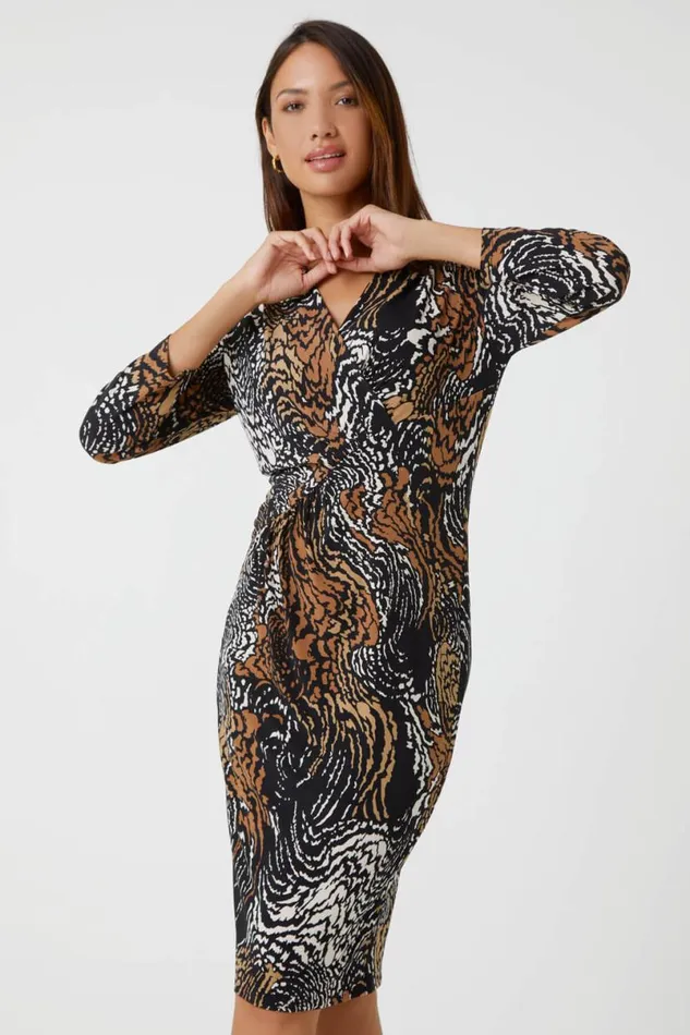 Mocha Animal Print Ruched Stretch Dress Women Roman Dresses