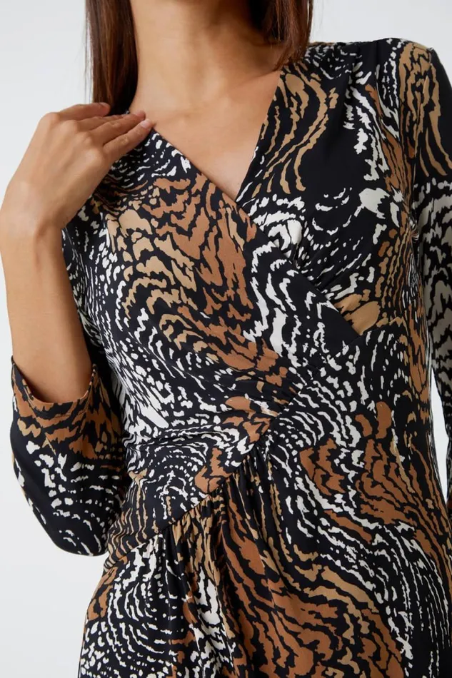 Mocha Animal Print Ruched Stretch Dress Women Roman Dresses