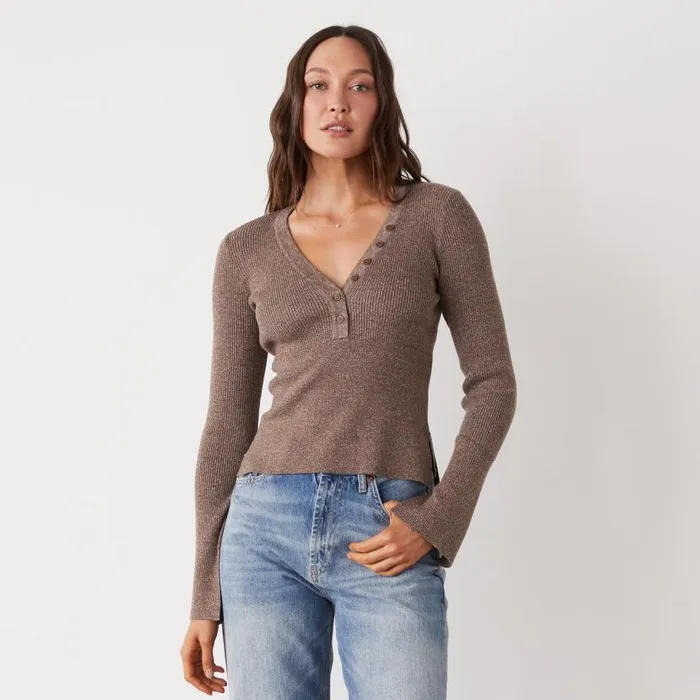 MONROW Long Sleeve Rib Henley Sweater 8211 Women