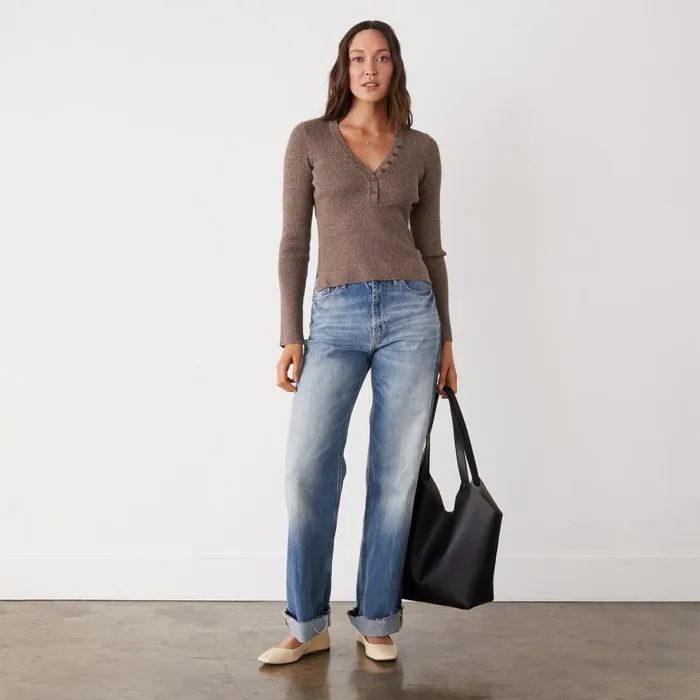 MONROW Long Sleeve Rib Henley Sweater 8211 Women MONROW Long Sleeve Rib Henley Sweater 8211 Women