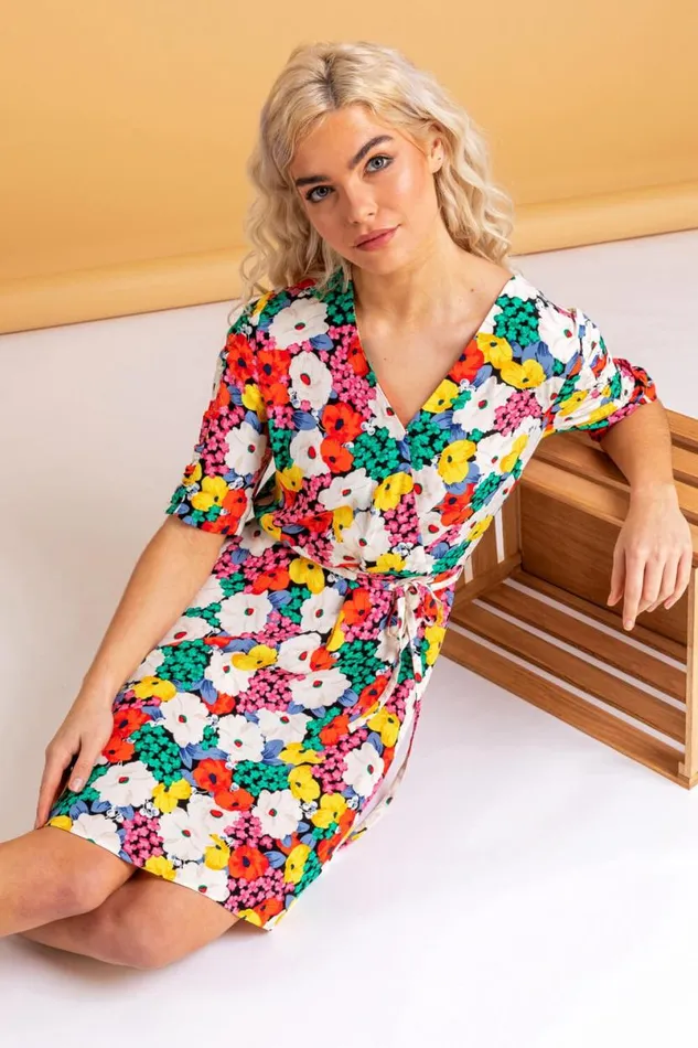 Multi Bold Floral Wrap Dress Women Roman Dresses