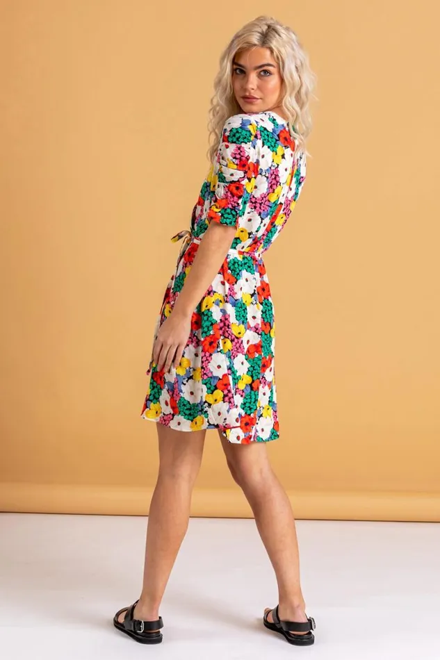 Multi Bold Floral Wrap Dress Women Roman Dresses