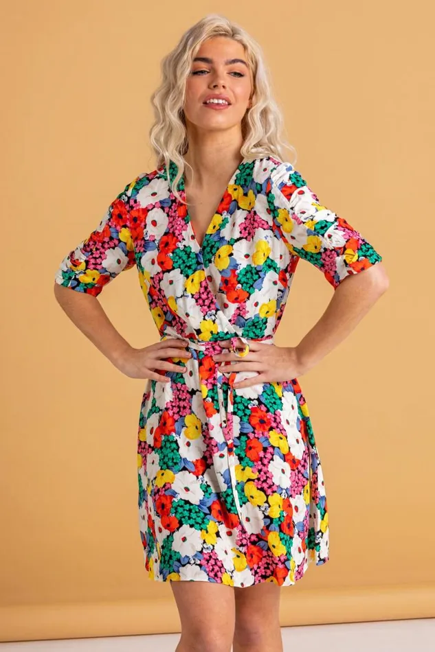 Multi Bold Floral Wrap Dress Women Roman Dresses