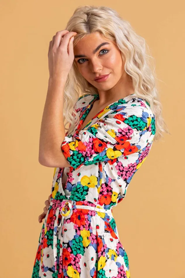Multi Bold Floral Wrap Dress Women Roman Dresses