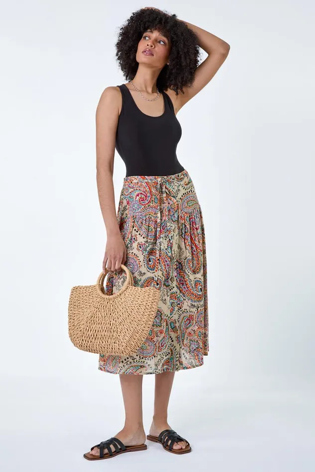 Multi Cotton Paisley Boho A Line Midi Skirt Women Roman Skirts