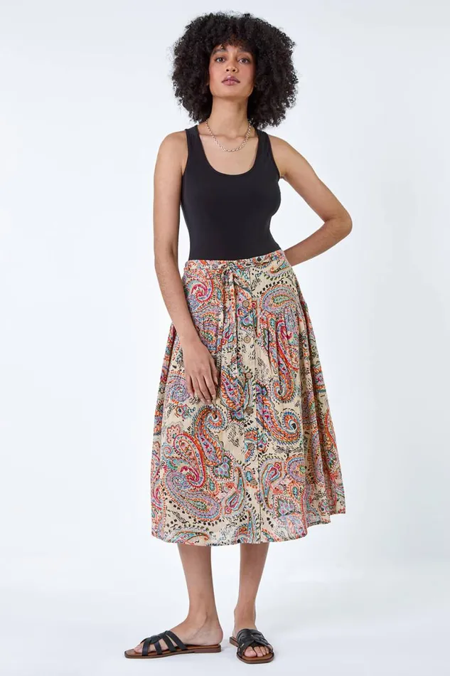 Multi Cotton Paisley Boho A Line Midi Skirt Women Roman Skirts