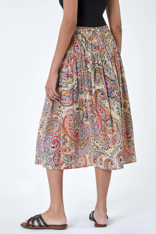 Multi Cotton Paisley Boho A Line Midi Skirt Women Roman Skirts