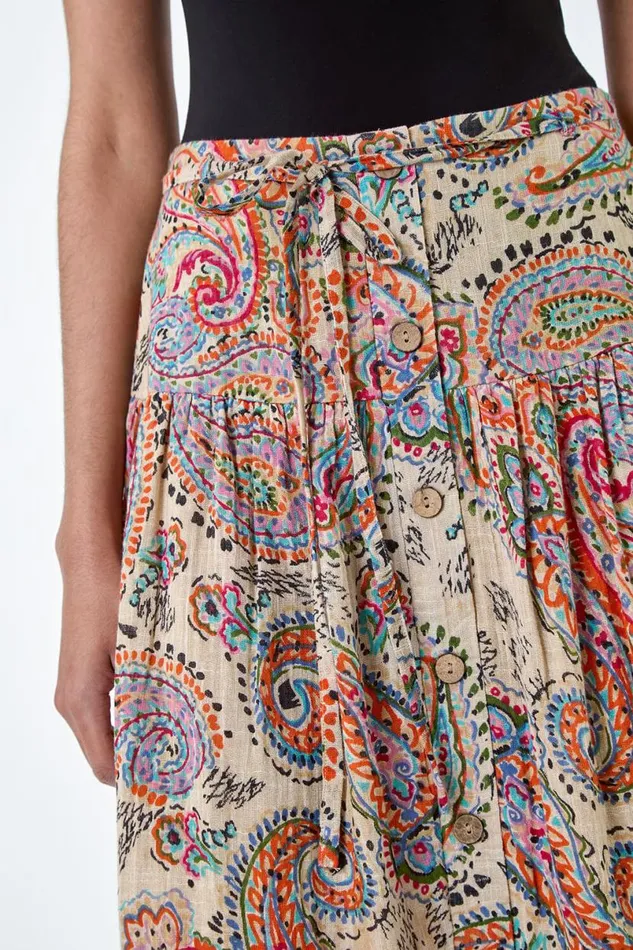 Multi Cotton Paisley Boho A Line Midi Skirt Women Roman Skirts