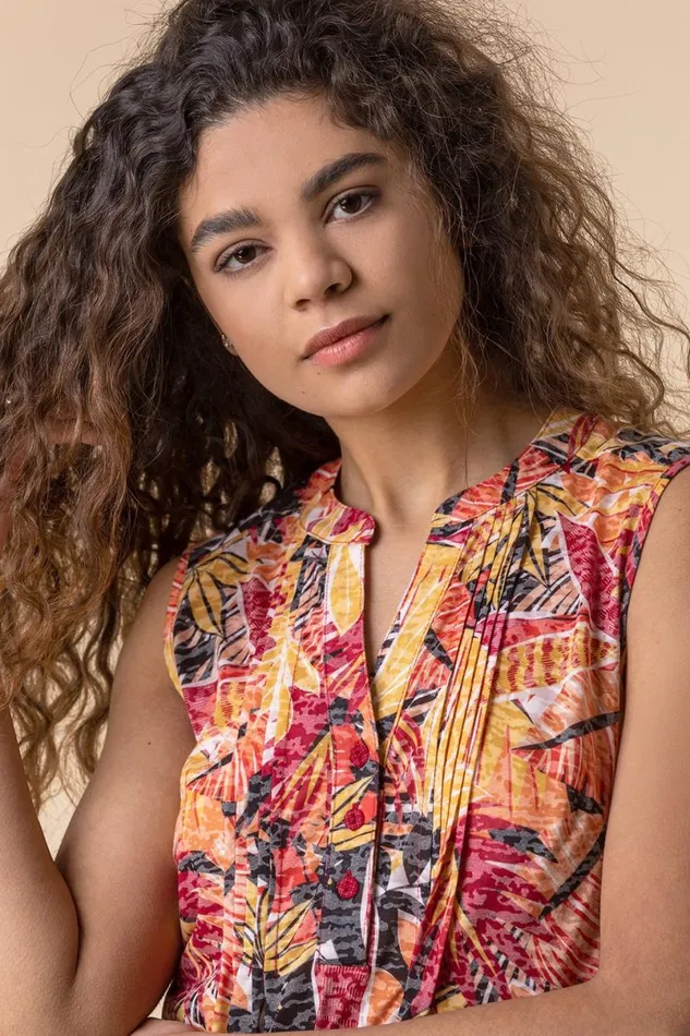 Multi Tropical Burnout Button Detail VNeck Top Women Roman Tops
