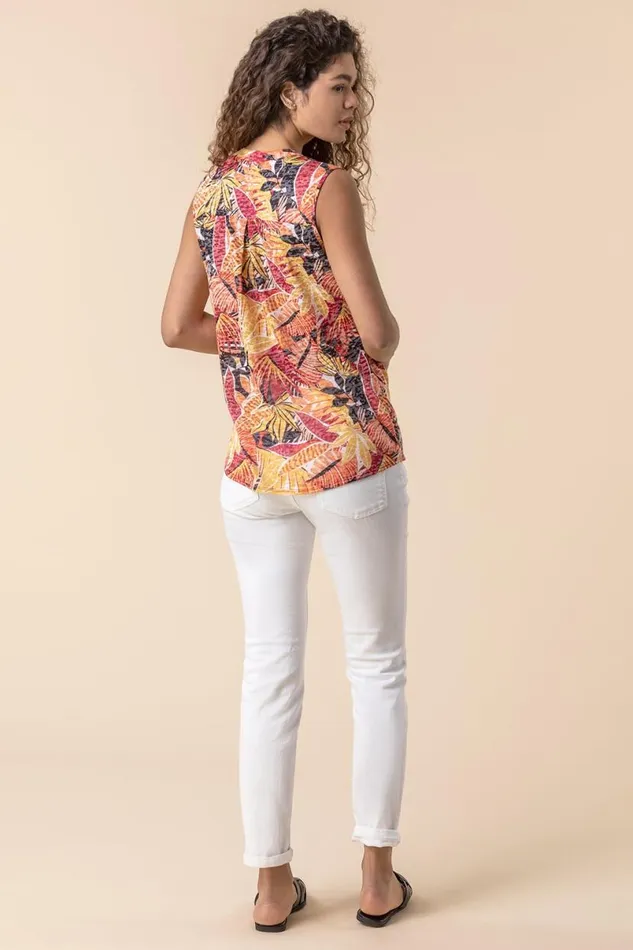 Multi Tropical Burnout Button Detail VNeck Top Women Roman Tops