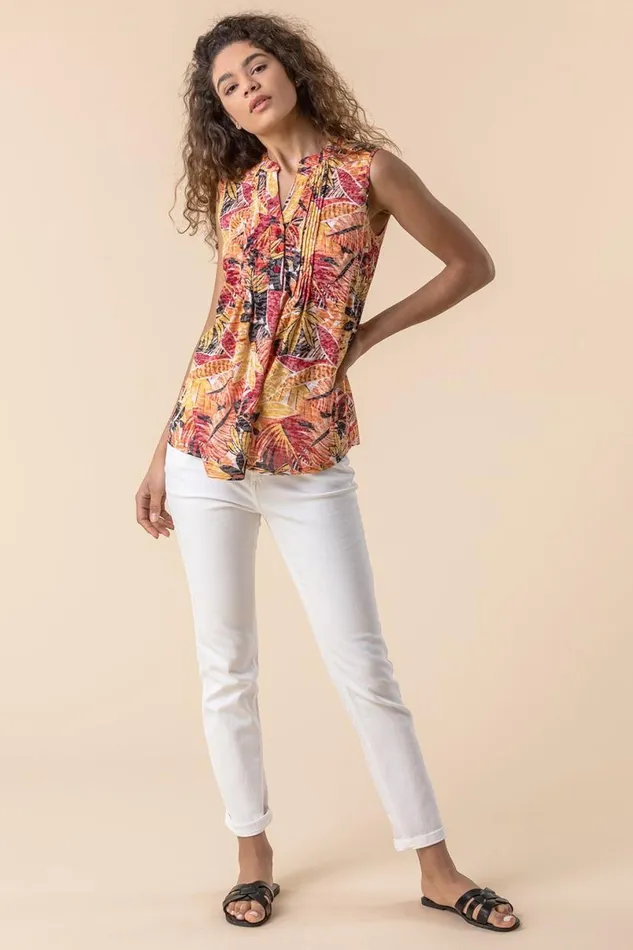 Multi Tropical Burnout Button Detail VNeck Top Women Roman Tops