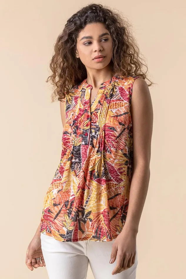Multi Tropical Burnout Button Detail VNeck Top Women Roman Tops