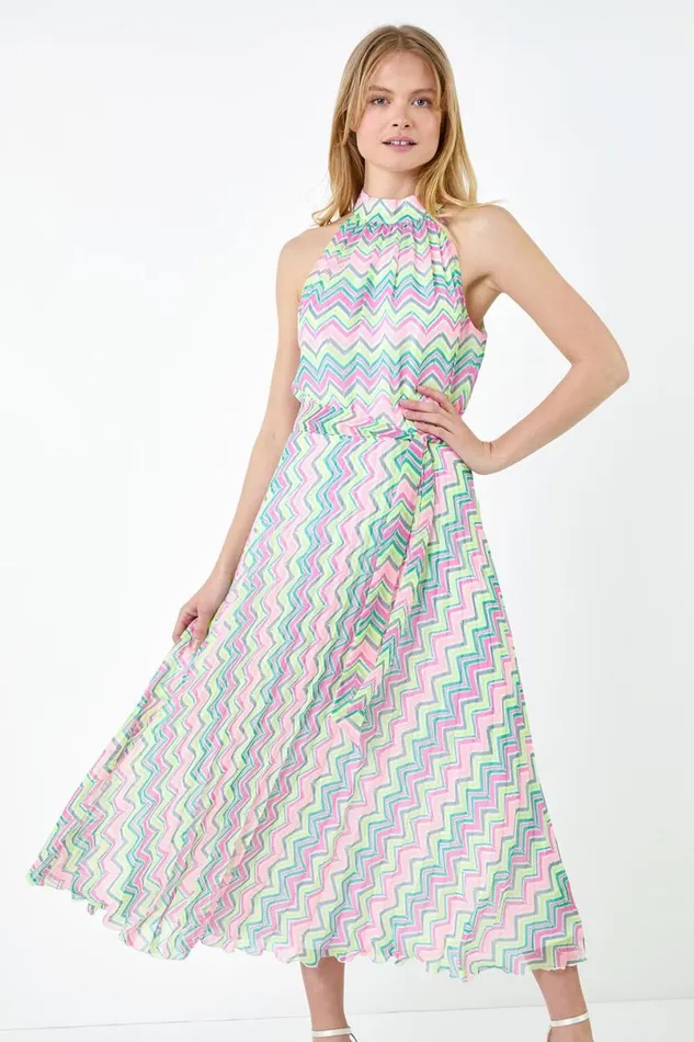 Multi Zig Zag Halter Neck Pleated Dress Women Roman Dresses