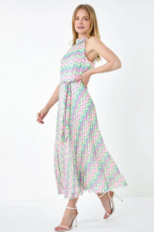 Multi Zig Zag Halter Neck Pleated Dress Women Roman Dresses