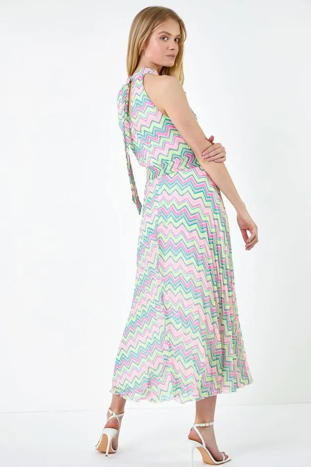 Multi Zig Zag Halter Neck Pleated Dress Women Roman Dresses