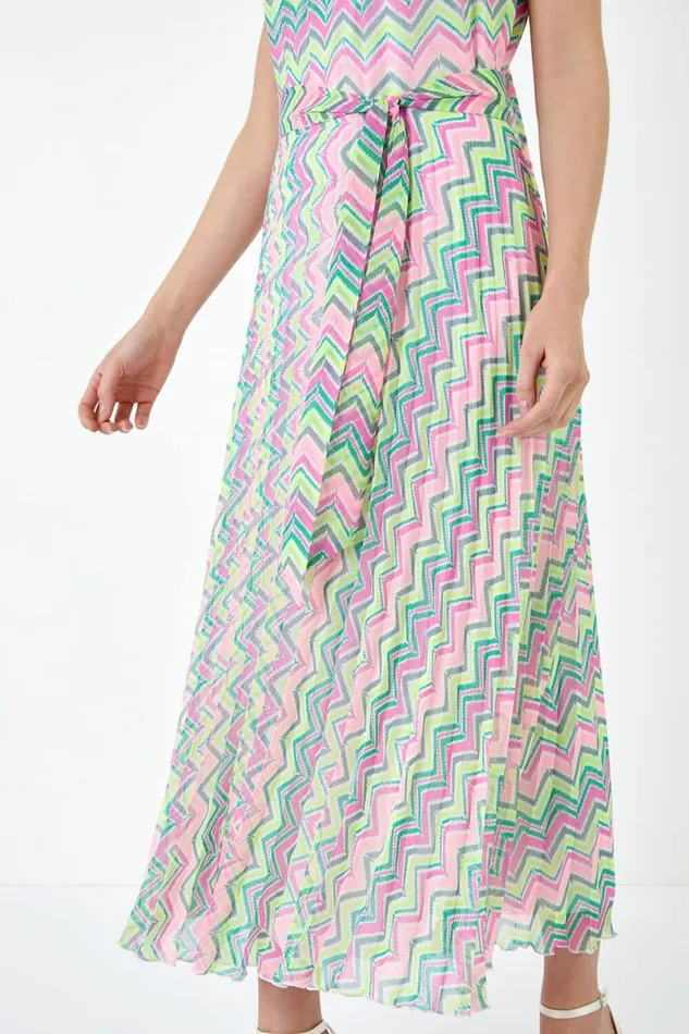 Multi Zig Zag Halter Neck Pleated Dress Women Roman Dresses