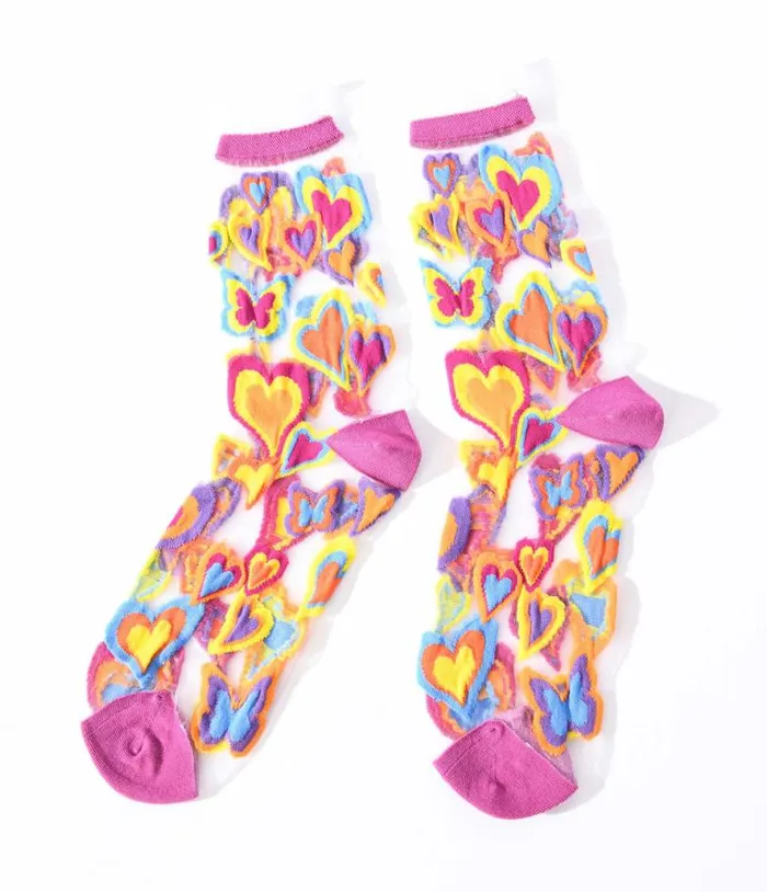 Multicolor Hearts Sheer Ruffle Crew Socks Accessories Unique Vintage Stockings and Tights Multicolor Hearts Sheer Ruffle Crew Socks Accessories Unique Vintage Stockings and Tights