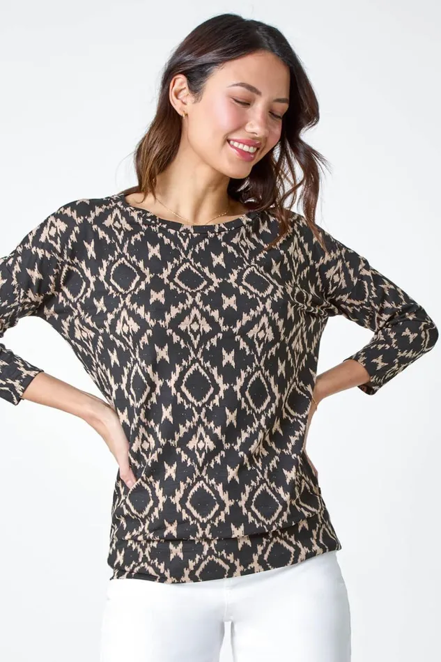 Natural Abstract Print Stretch Blouson Top Women Roman Tops