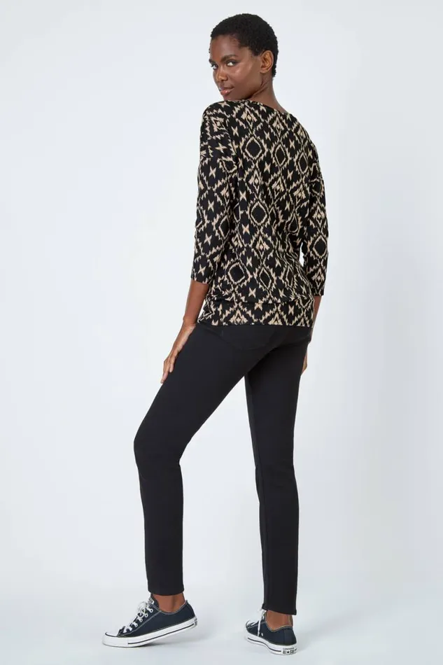 Natural Abstract Print Stretch Blouson Top Women Roman Tops