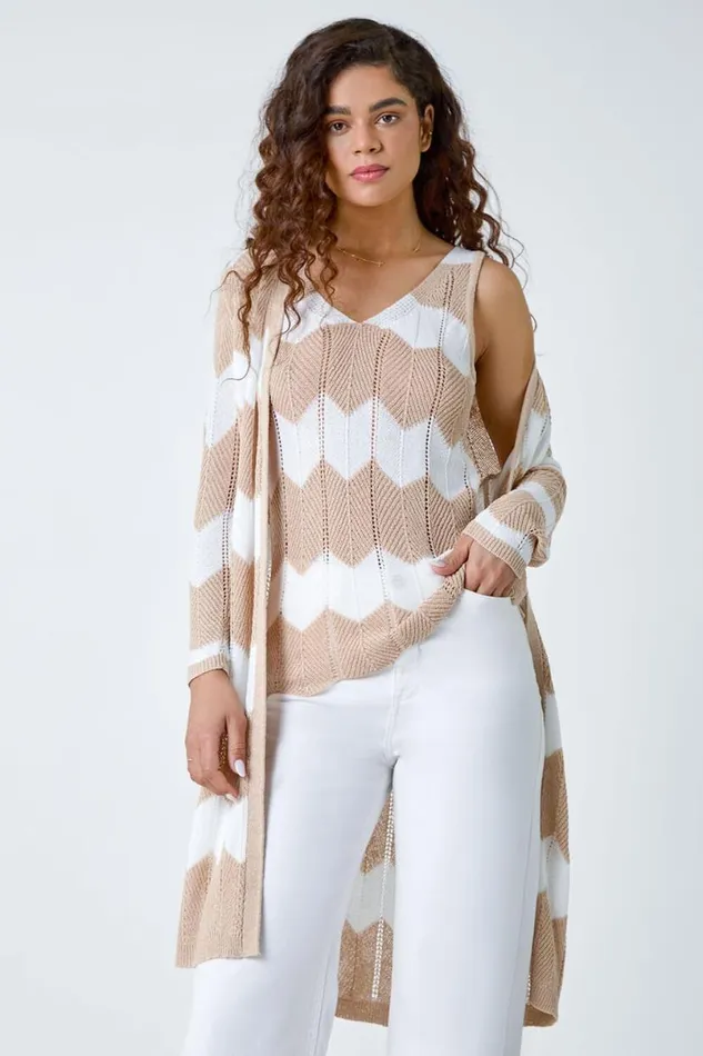 Natural Chevron Stripe Shimmer Longline Cardigan Women Roman Knitwear