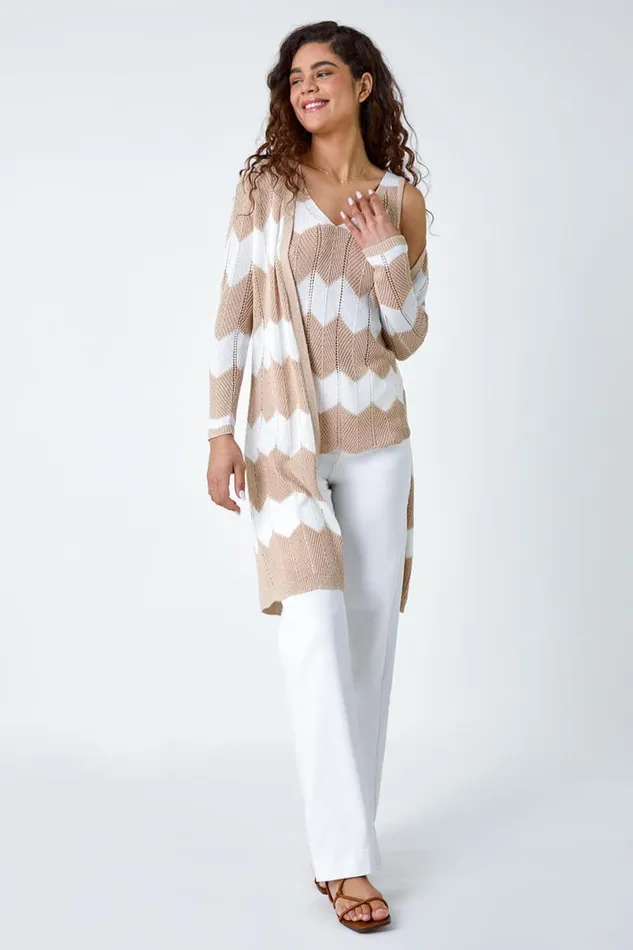 Natural Chevron Stripe Shimmer Longline Cardigan Women Roman Knitwear