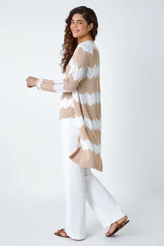 Natural Chevron Stripe Shimmer Longline Cardigan Women Roman Knitwear