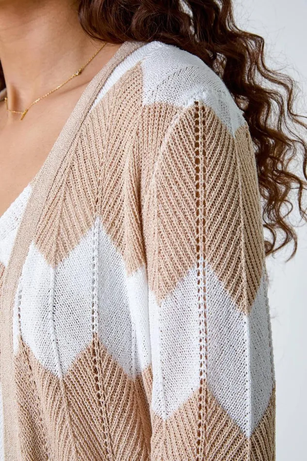 Natural Chevron Stripe Shimmer Longline Cardigan Women Roman Knitwear
