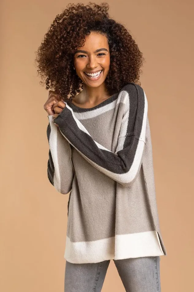 Natural Colour Block Soft Knit Jumper Women Roman Knitwear