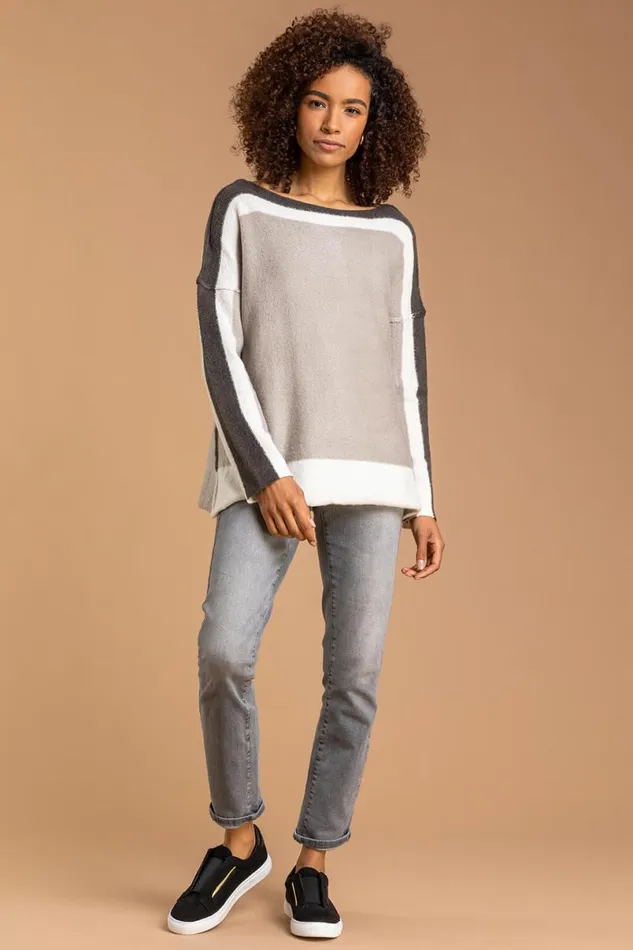 Natural Colour Block Soft Knit Jumper Women Roman Knitwear