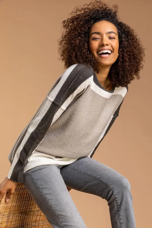 Natural Colour Block Soft Knit Jumper Women Roman Knitwear