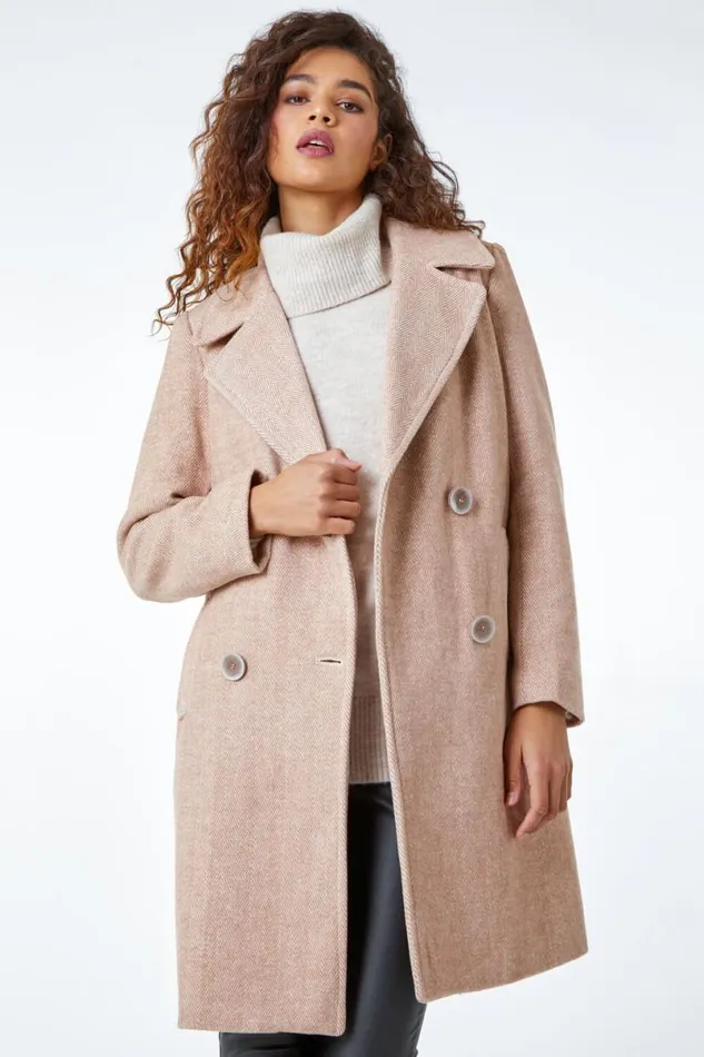 Natural Double Breasted Longline Textured Coat Women Roman Coats