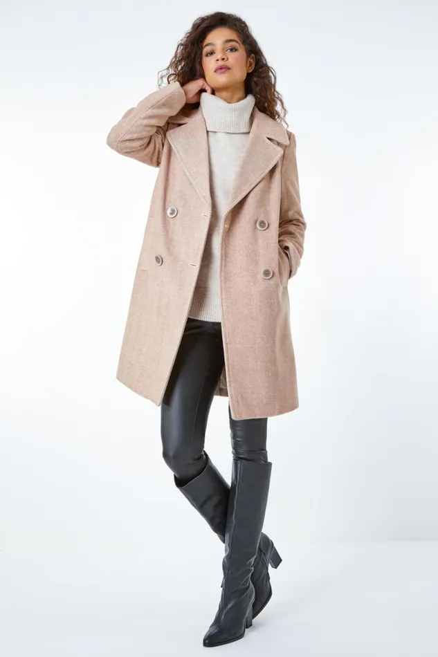 Natural Double Breasted Longline Textured Coat Women Roman Coats