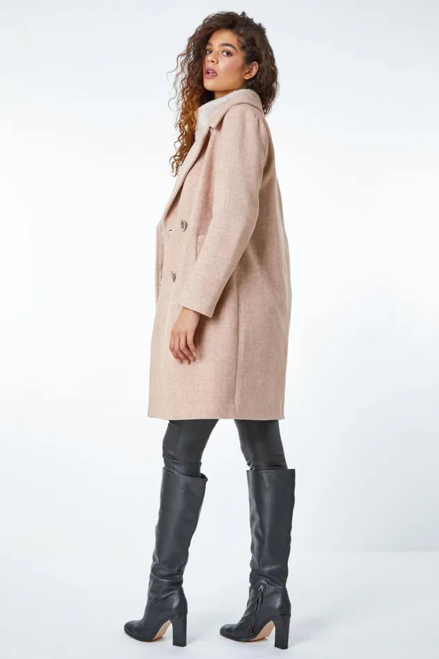 Natural Double Breasted Longline Textured Coat Women Roman Coats