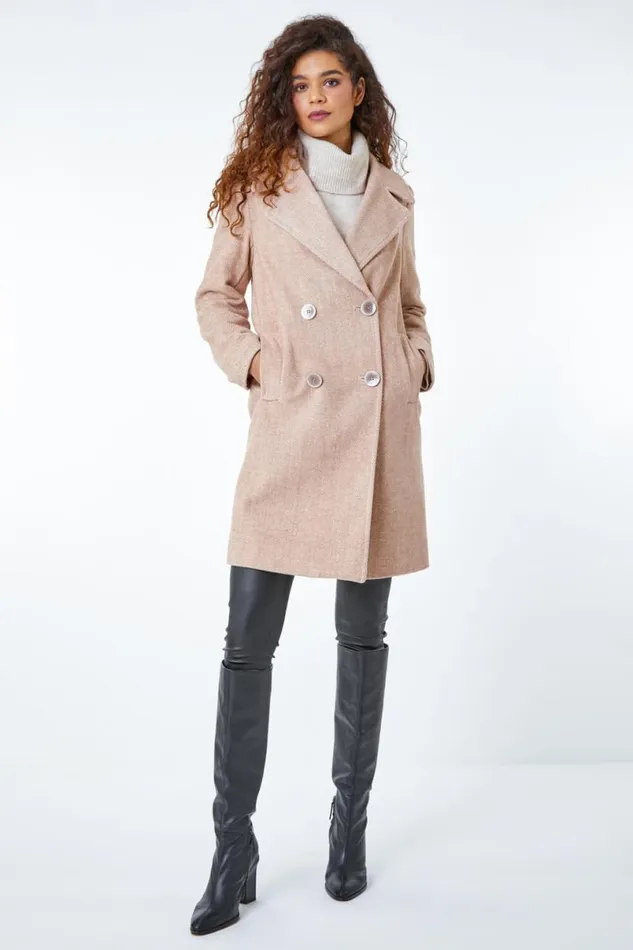 Natural Double Breasted Longline Textured Coat Women Roman Coats