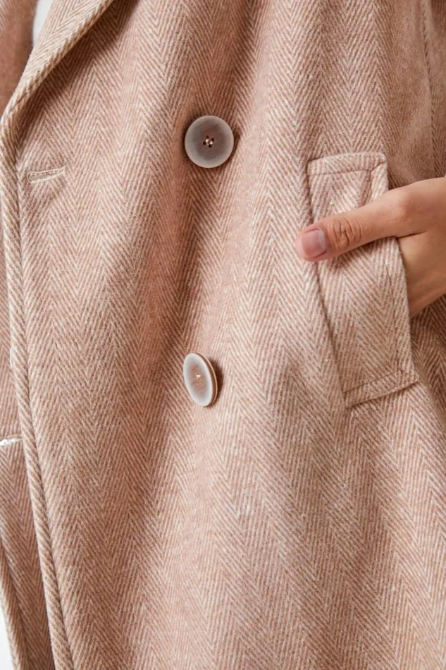 Natural Double Breasted Longline Textured Coat Women Roman Coats