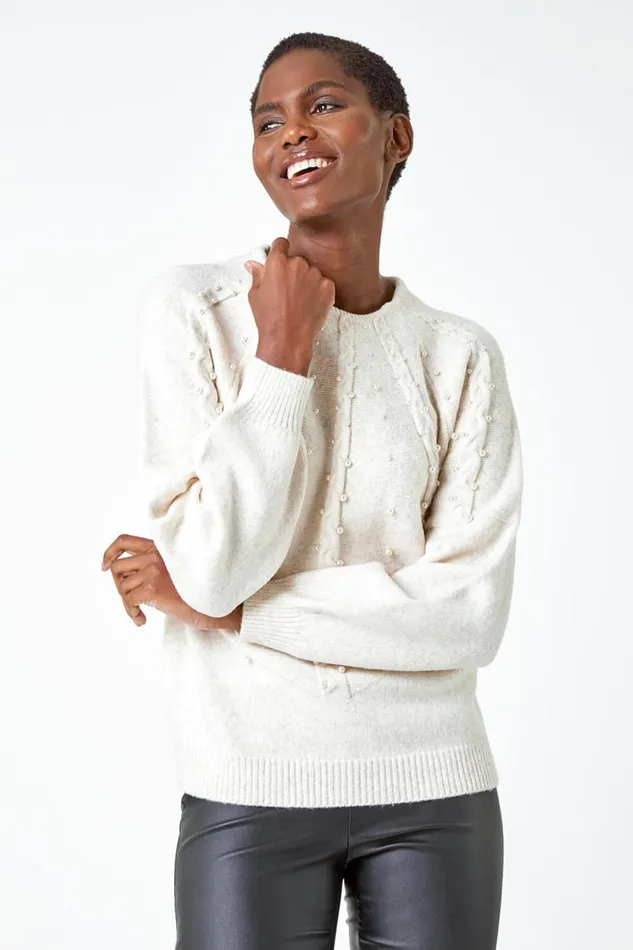 Natural Pearl Embellished Cable Knit Jumper Women Roman Knitwear
